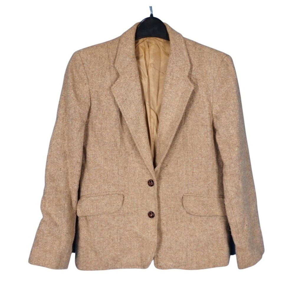 VTG Oscar De La Renta LIGHT BROWN WOOL TWEED JACKET Suede Elbow Patches (5/6) S